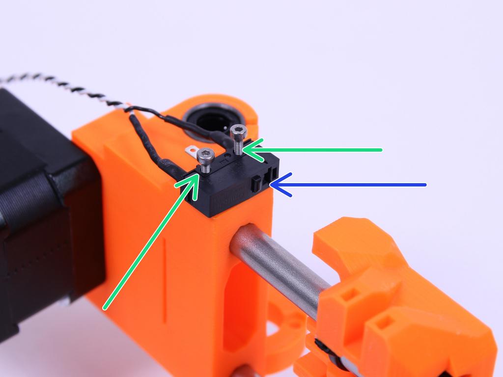 Step 14 Montáž koncového spínače osy X Koncový spínač osy X Šroub M2x12 (2 ks) Umístěte koncový spínač osy X na tištěný díl a vložte šrouby M2x12.