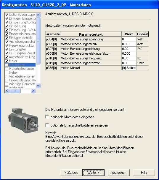 Uvedení do provozu 7.11 Nastavení parametrů motoru na měniči 5. Do sloupce "Hodnota" v tabulce "Parametry motoru" zadejte odpovídající parametry motoru. Hodnoty pro parametry p304.