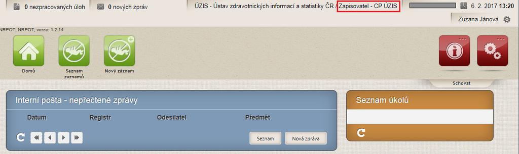 Obrázek 4 Menu NRPOT Ikony, které se teď uživateli zobrazují, závisí na nastavení práv pro konkrétního uživatele. Výše je uvedena kompletní nabídka funkcionalit daného registru. 2.2.4. Přístupové role Registr nabízí uživatelům na úrovni poskytovatele zdravotních služeb (PZS) dvě přístupové role: Zapisovatel PZS Analytik PZS.