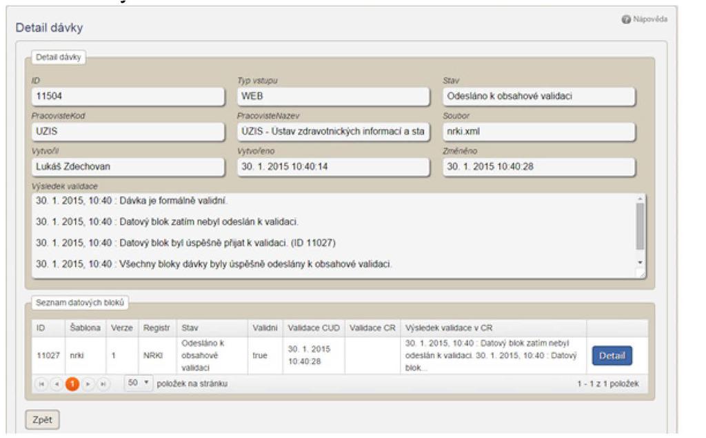 Uživatelská příručka Detail dávky: Obrázek 12 Detail dávky Obrázek 13 Detail datového bloku Informace o importu dávky přijdou uživateli na