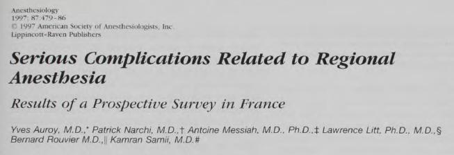 Results: The number of regional anesthetics performed was 103,730, corresponding to 40,640 spinal anesthetics, 30,413 epidural anesthetics, 21,278 peripheral nerve blocks, and 11,229 intravenous