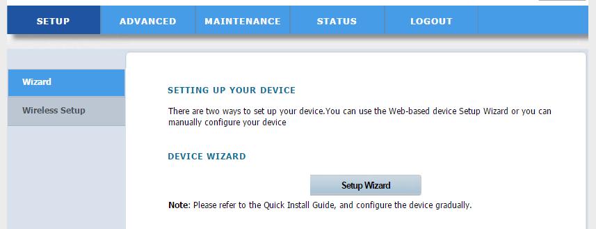 Po úspešnom prihlásení sa do webového rozhrania powerline adaptéra Glitel GP-7420W kliknite na Setup Wizard pre rýchle nastavenia.