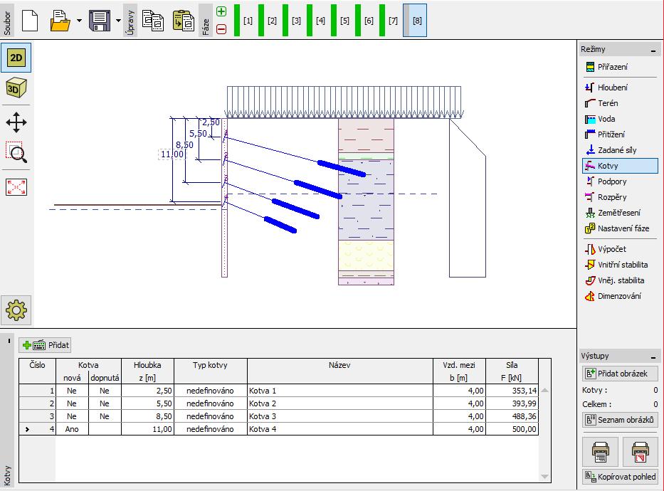 Přidáme novou fázi budování. V 7. fázi budování změníme výkop do úrovně h 11,5 m. Dále v rámu Voda změníme HPV před záporovou stěnou na úroveň h 12 2 nemění.