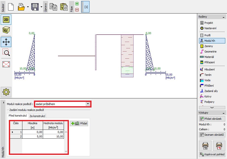 V rámu Modul Kh zadáme průběh jako lineárně rostoucí do hloubky 5 m, kde nabývá hodnoty 10 MN/m 3. Od této úrovně zadáme průběh konstantní. Modul je definován do celkové hloubky konstrukce.