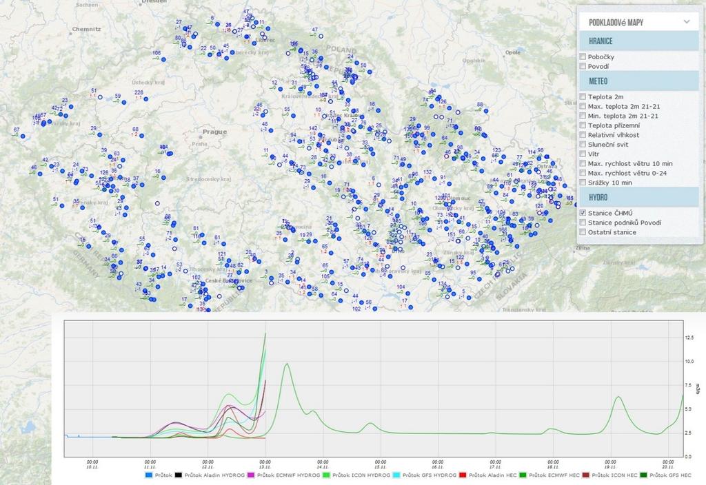 Obr. 4. Vizualizace výsledků hydrologických předpovědí v internetové aplikaci Mrakomor, detail pro stanici Valašské Meziříčí (variantní předpovědi na 66 hod + ECMWF na 240 hod) 3.