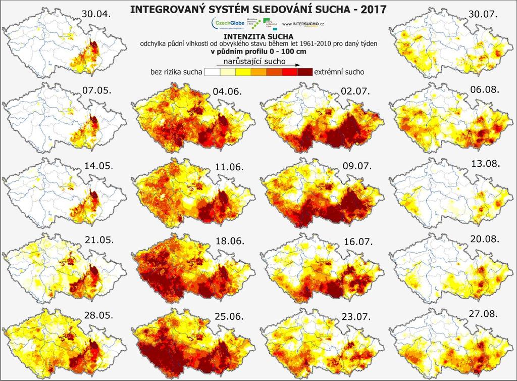 3.7. Dopady sucha roku 2017 zamyšlení nad využitím předpovědi Od počátku roku 2017 se vyskytovalo zemědělské sucho na území jižní Moravy a zasahovalo i na počátku května cca 10 % zemědělské půdy v ČR