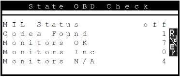 4. Připojte OBD 150 k vozidlu. 7. Nastartujte motor. 8. V menu diagnostiky vyberte tlačítky READ a ERASE položku State OBD Check. Na displeji se ukáže stav.