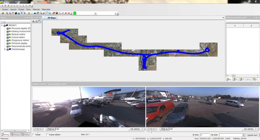 Obr. 3.3.1.1 Pracovní prostředí aplikace PanoramaGIS při práci s projektem [12] V přehledovém okně se zobrazují v projektu otevřené vrstvy, např. ortofotomapa dokumentované oblasti.