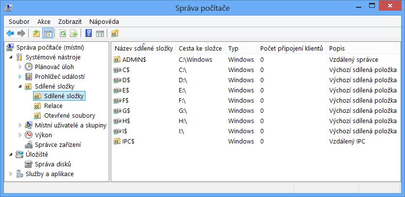 Sdílené adresáře (Shared Folders) Správa pomocí MMC konzole Spuštění příkazem compmgmt.