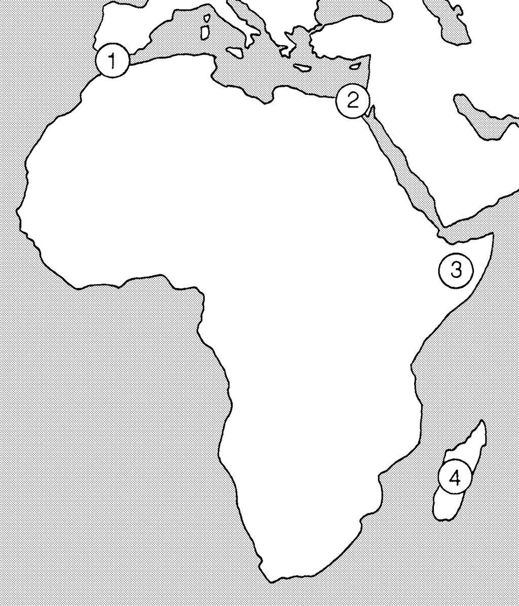 AFRIKA Praveký kontinent 1. Zapíš do mapky mená morí a oceánov, ktoré obklopujú Afriku! 2. Čo označujú čísla? 1 -nížina 2 -prieplav 3 -polostrov 4 