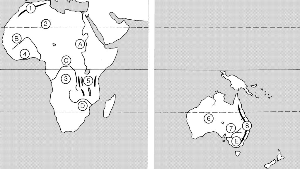Afrika, Austrália a Oceánia Súhrn 1. Zapíš do mapového náčrtu názvy ostrovov, oceánov a okrajových morí! 2. Ktoré oblasti označujú čísla?