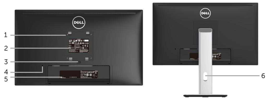Zadní pohled Pohled zezadu - s podstavcem Označení Popis Použití 1 Montážní otvory VESA (100 mm x 100 mm - za upevněným krytem VESA) Montáž monitoru na stěnu pomocí sady pro montáž na stěnu