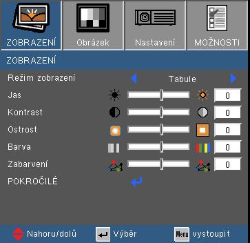 Ovládání ZOBRAZENÍ Režim zobrazení K dispozici je řada předvoleb výrobce optimalizovaných pro různé typy obrazu. Prezentace: Dobrá barva a jas ze vstupu PC. Jasný: Maximální jas z PC vstupu.
