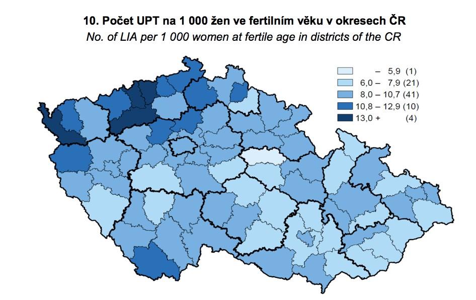 5.1.3 Situace v ČR Cheb, Louny, Most a Teplice patří mezi kraje, kde v roce 2013 bylo provedeno nejvíce interrupcí. Naopak nejnižší čísla vykazují Pardubice.