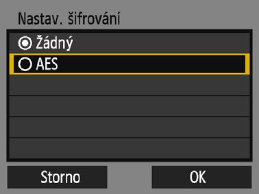 Ruční nastavení sítě 4 Vyberte požadované nastavení šifrování. Vyberte položku a stiskněte tlačítko <0>. Pro šifrování vyberte možnost [AES]. Vyberte položku [OK] a stiskněte tlačítko <0>.