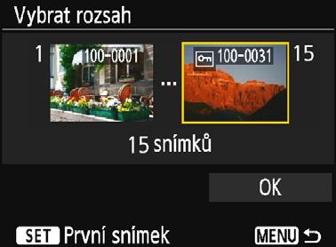 Nastavení zobrazitelných snímků výběrem prvního a posledního snímku v seznamu uspořádaném podle čísel souborů. 1 Stisknutím tlačítek <Y> <Z> vyberte první snímek, který má být nastaven pro zobrazení.