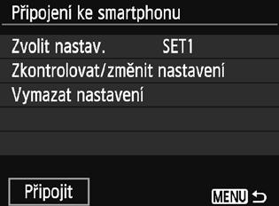 Opětovné připojení Fotoaparát se může znovu připojit ke smartphonu, pro který byla zaregistrována nastavení připojení. 1 Vyberte položku [Funkce Wi-Fi].