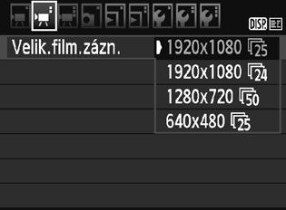 3 Nastavení velikosti filmového záznamu Možnost nabídky [k2: Velik.film.zázn.] umožňuje vybrat velikost obrazu pro záznam filmu [****x****] a snímkovou frekvenci [9] (počet snímků zaznamenaných za sekundu).