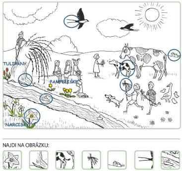 K7/1 JARO 1 Vybarvi správnými barvami jarní květiny na obrázku. Napiš jejich názvy.