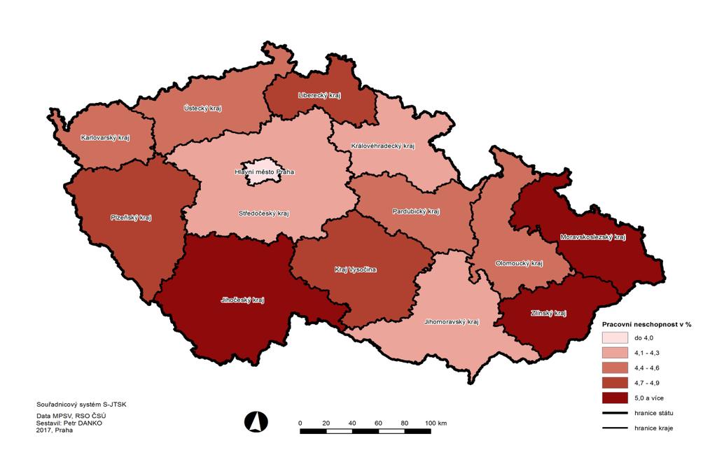 Graf 21 - Kartogram Průměrné procento pracovní neschopnosti 2016 Data: viz tabulka 3.