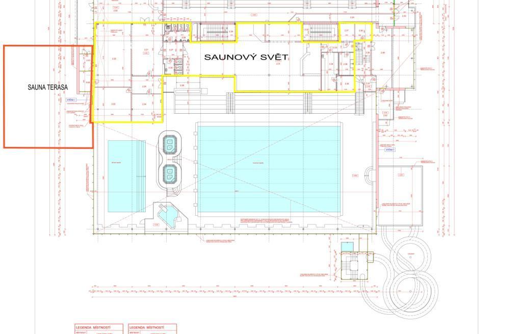 Varianta 2 vybudování Saunového světa a Fitness V této variantě se přední část prostoru s výhledy do bazénu využívá pro Fitness centrum se samostatnými šatnami s přístupem od pokladen.