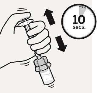 Rozpuštění mikrosfér v rozpouštědle Třepejte lahvičkou důkladně nejméně 10 sekund a píst při tom přidržujte směrem dolů, jak je znázorněno.