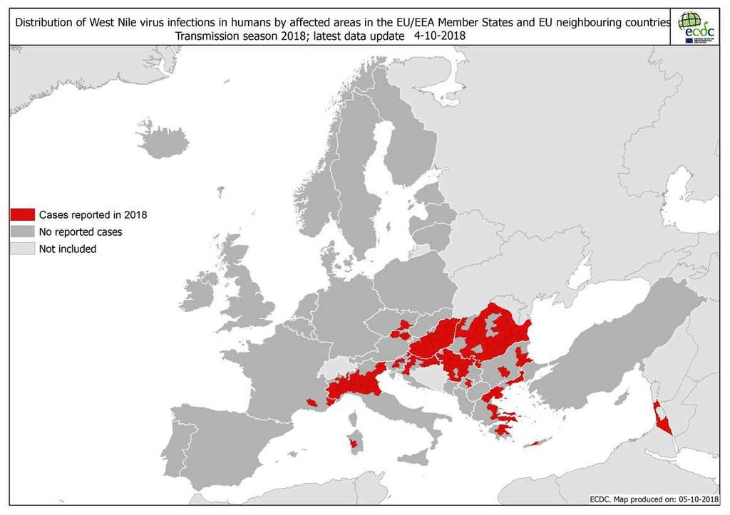 Zdroj: ECDC: https://ecdc.europa.eu/en/publications-data/west-nile-fever-europe-2018-humancases-updated-5-october Onemocnění západonilskou horečkou u koní V současné sezóně (k 5.10.