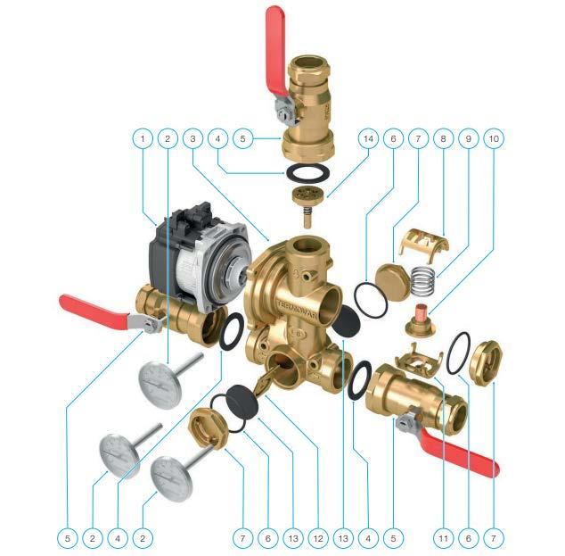 6) Složení termoregulační jednotky: Pozice Popis Specifikace 1 Oběhové čerpadlo UPM3 AUTO L-50 2 Teploměry 51 x 7 mm 3 Tělo TERMOVARU - M 55 C / 61 C / 72 C / 82 C 4 Těsnění 44 x 32 x 2 mm 5 Kulový