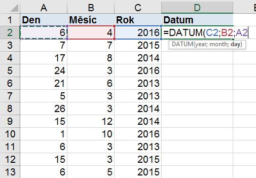 Obr. 60 Den, měsíc, rok a datum Zapíšeme tedy do buňky D2 vzorec s funkcí DATUM: SEKUNDA, MINUTA, HODINA Účel funkce SEKUNDA, MINUTA, HODINA: =DATUM(C2;B2;A2) Funkce SEKUNDA umí vytknout z času pouze