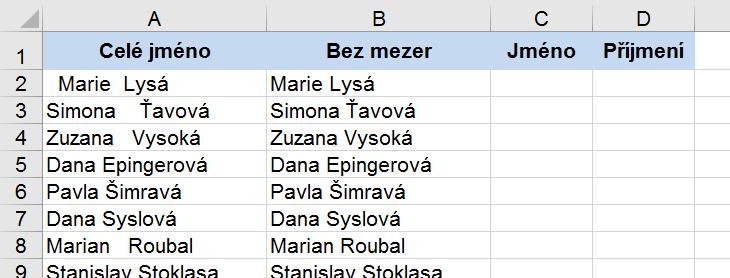 Tento vzorec zkopírujeme dolů pro všechna jména a výsledek (Obr. 68) je perfektní (již žádné mezery navíc). Obr.