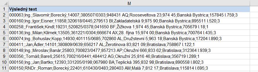 Obr. 74 Výsledek funkce TEXTJOIN ZLEVA, ZPRAVA Účel funkce ZLEVA, ZPRAVA: Funkce ZLEVA umí oddělit z buňky určitý počet znaků zleva. Funkce ZPRAVA umí oddělit z buňky určitý počet znaků zprava.