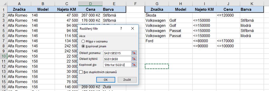 U prvního vzorce bychom mohli vycházet z jakéhokoliv sloupce z pěti, protože jsou všechny informace o každém vozu evidovány.