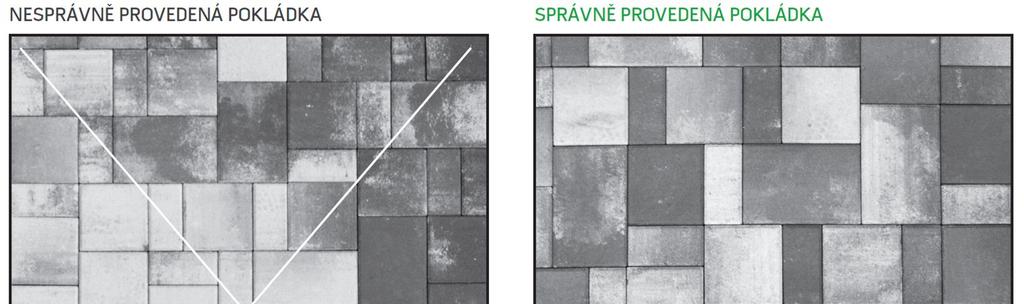 Pokládka dlažeb v provedení COLORMIX Při pokládce těchto provedení dlažeb, které sestávají z několika barev, je třeba vždy odebírat jednotlivé dlažební kameny z více palet a více vrstev současně a