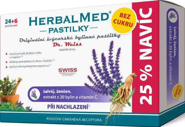 HERBALMED PASTILKY DR. WEISS ŠALVĚJ + ŽENŠEN A VITAMIN C 24 + 6 pastilek NAVÍC Původní švýcarské bylinné pastilky s unikátní kombinací bylinných extraktů pro rychlé, účinné a šetrné řešení.