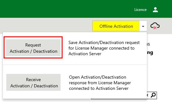 V License Manageru pomocí ikony menu v levém horním rohu zvolte Activation Settings pro zobrazení okna pro volbu způsobu aktivace. Vyberte Offline Activation.