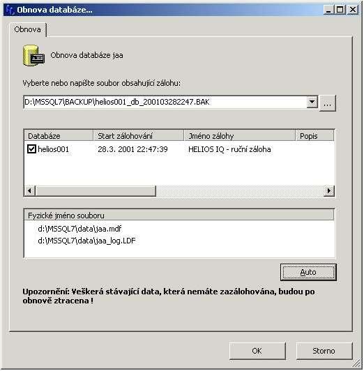 Obnova Obnovu dat, uložených v záloze, spustíte volbou místní nabídky Obnova. Otevře se dialog Obnova databáze a jako výchozí zdroj obnovy se nastaví soubor naposledy provedené zálohy.