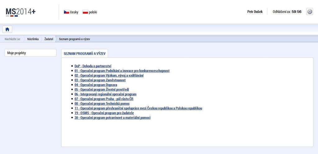 Na záložce Seznam programů a výzev uživatel vybere možnost DoP - Dohoda o partnerství, pod