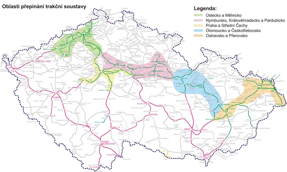 Knverze -navrhvané blasti jedntlivých SP 33 Knverze - stav přípravy SŽDC zadává studie prveditelnsti pr jedntlivé blasti přepínání, změny trakce z DC 3 kv na AC 25 kv, 50 Hz v blasti: Ostravsk a