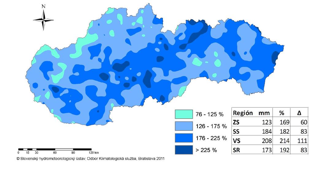 4 Priestorové rozloženie mesačných úhrnov atmosférických