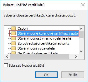 5) Na další straně průvodce vyberte možnost Všechny certifikáty umístit v následujícím úložišti a pokračujte tlačítkem Procházet. 6) Otevře se okno Vybrat úložiště certifikátů.