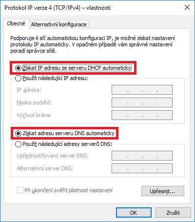 13) V okně Protokol IP verze 4 (TCP/IPv4) vlastnosti vyberte možnosti Získat IP adresu ze serveru DHCP