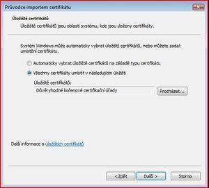 Ponechte volbu Všechny certifikáty umístit v následujícím