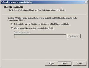 V okně Úložiště certifikátů ponechte volbu Automaticky vybrat