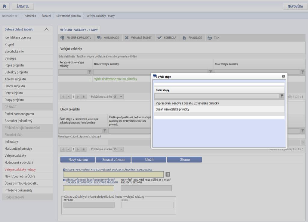 Po výběru příslušné etapy se