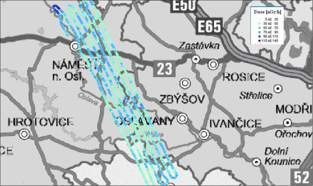 Obr.6 Výsledky leteckého měření monitorování oblasti Náměšť nad Oslavou Moravský Krumlov (příkon fotonového
