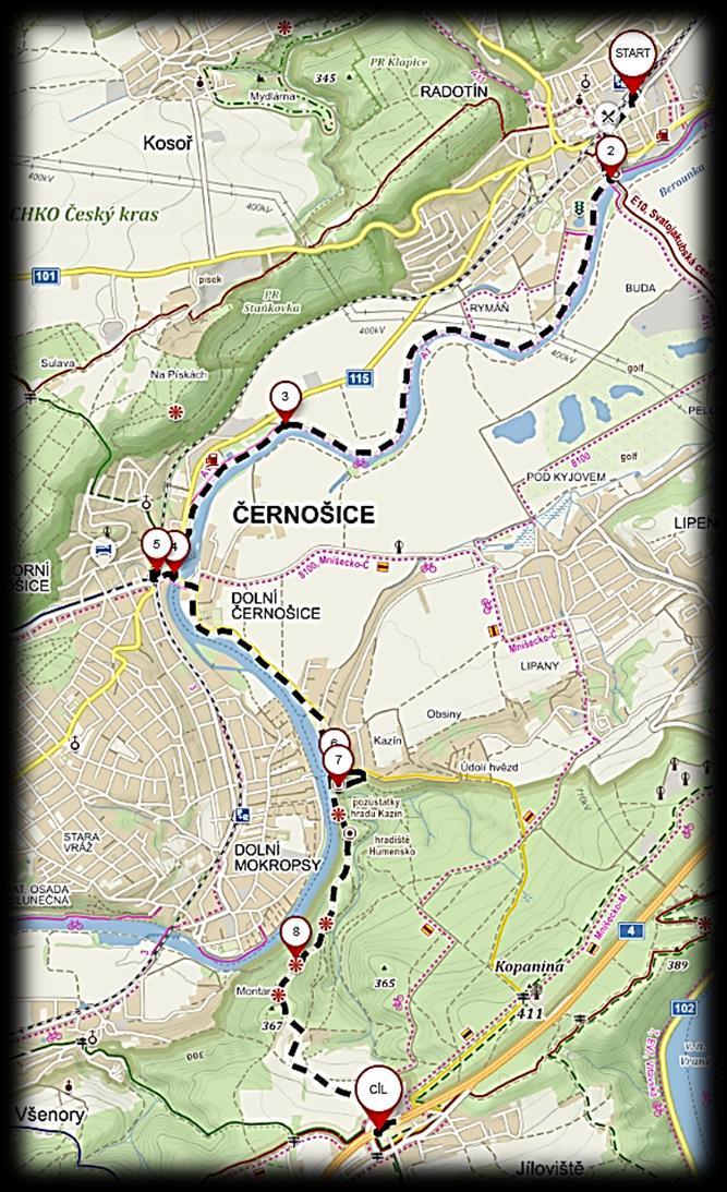 část Černošice, železniční zastávka, lávka přes Berounku - Kazín (autobusová chatová osada světová rarita, restaurace Tornádo - oběd?