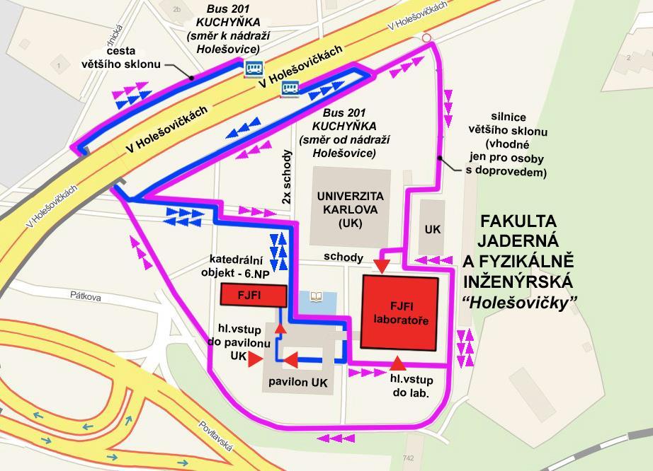 Popis přístupových tras s mapkami: PŘÍSTUPY DO OBJEKTU Z RŮZNÝCH SMĚRŮ Přístup do souboru V Holešovičkách je možný autobusem č.