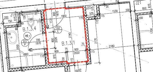 4.2.2.2 Kontrola rozměrů vstupního prostoru do bytu B.1.3 Na následujícím schématu 15 je graficky vyznačená chodba B.1.3.1 bytové jednotky B.1.3, která budou podrobena kontrole navržených světlých rozměrů.
