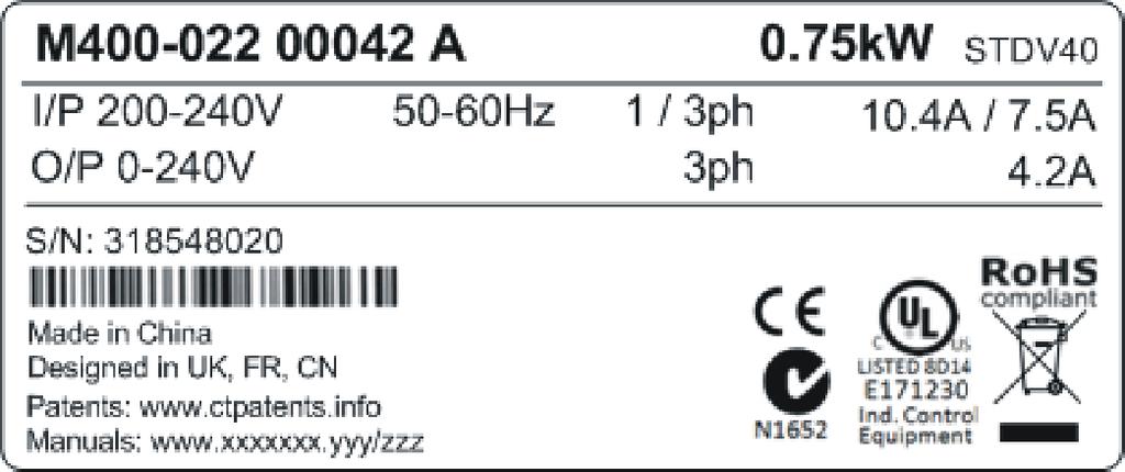 2- Příklad typového označení Typová řada Identifikační štítek Elektrické specifikace M200-03 4 00073 Unidrive M200 Typová řada Typová velikost : Kód jmenovitého vstupního napětí: - 00 V (00-20 ± 0 %)