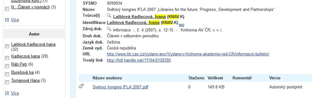 Vložení ResearcherID do ARL Klient autorita autora (cav_un_auth) editace o Pole 035$2WOS